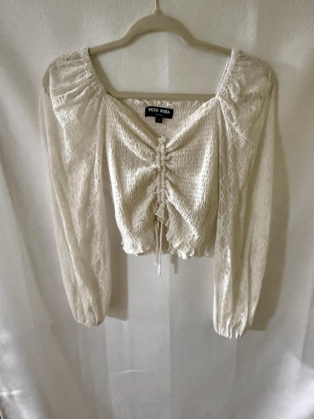 Vero Moda White Smocked Lace Long Sleeve Ruched Crop Top