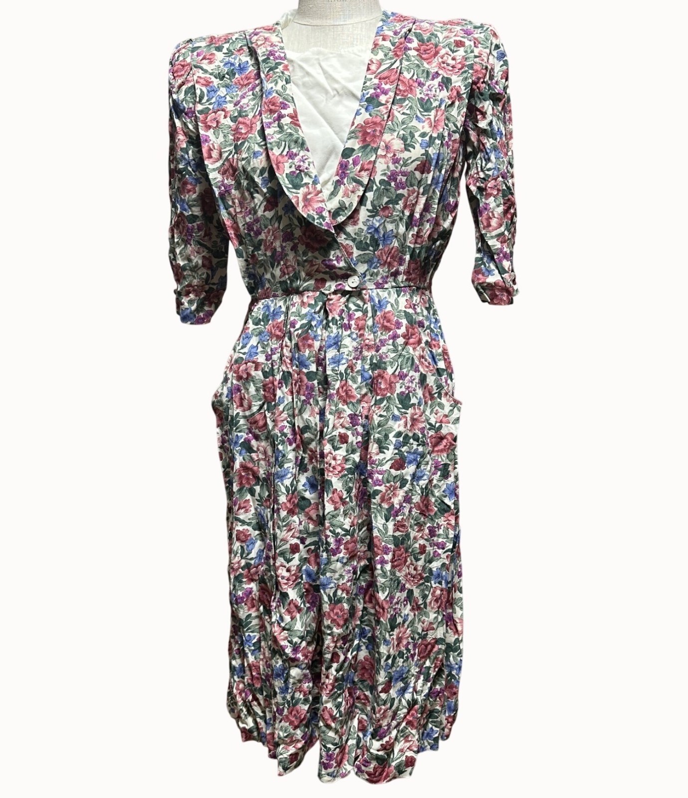 Vintage RJ Stevens Floral Midi Dress Bib Pockets 80s 90s Cottagecore Small