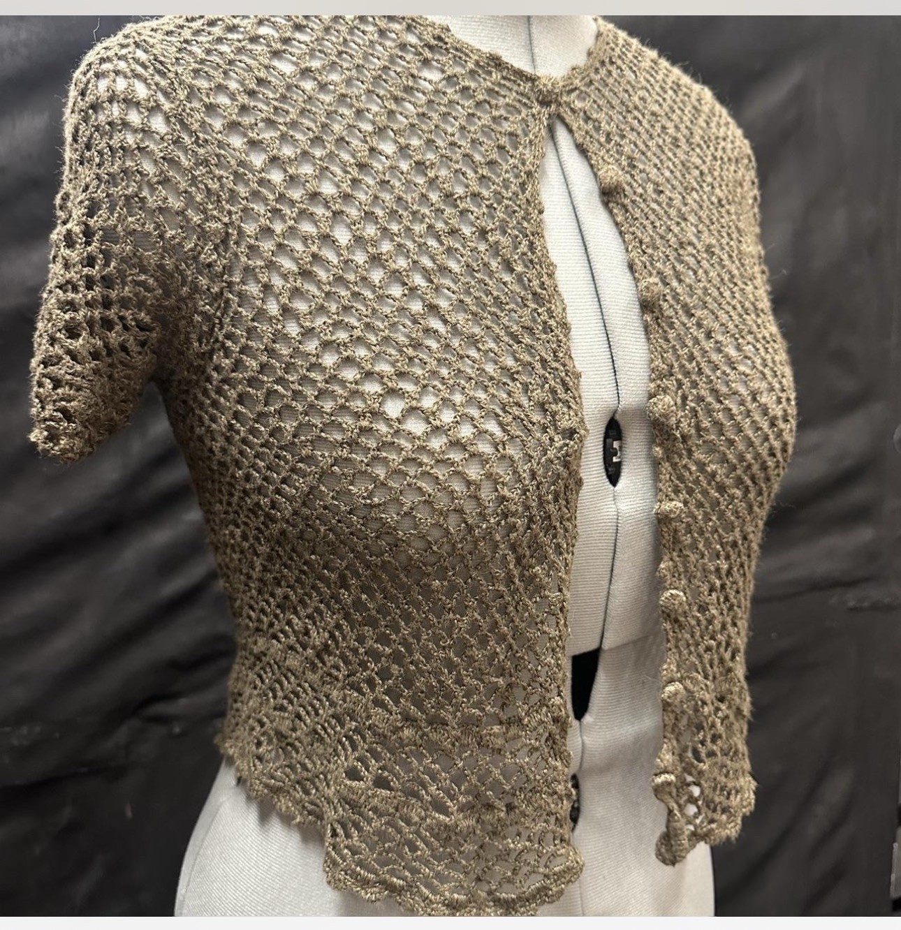 TEDDI Green Open-Knit Crochet Short Sleeve Button Cardigan Sweater Ramie M