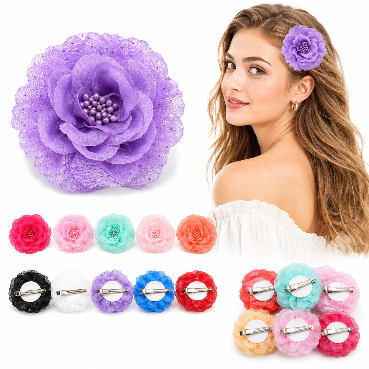 6 pcs Women Flower Hair Clip Rose Hair Clips Barrettes Beach Accessories 3.5″