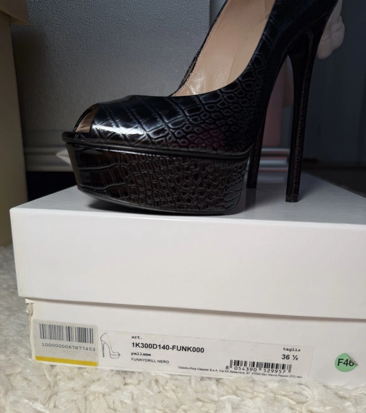 Authentic Casadei Black Croc Embossed Leather Peep Toe Platform Heels EU 36.5