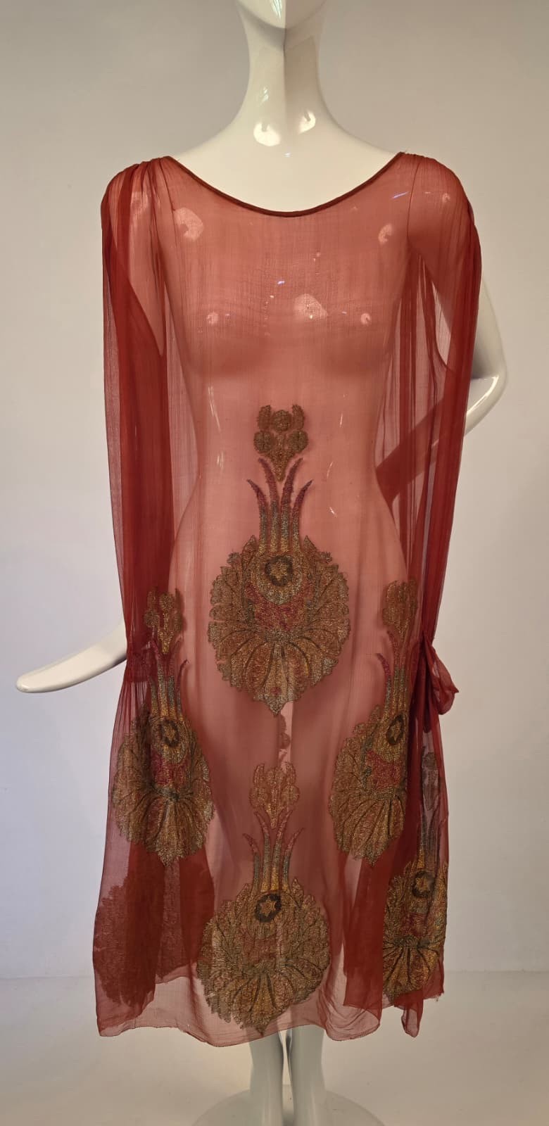 FLAPPER 1920’S RUST RED SHEER SILK CHIFFON DRESS W STAR GOLD LAME BROCADE DETAIL