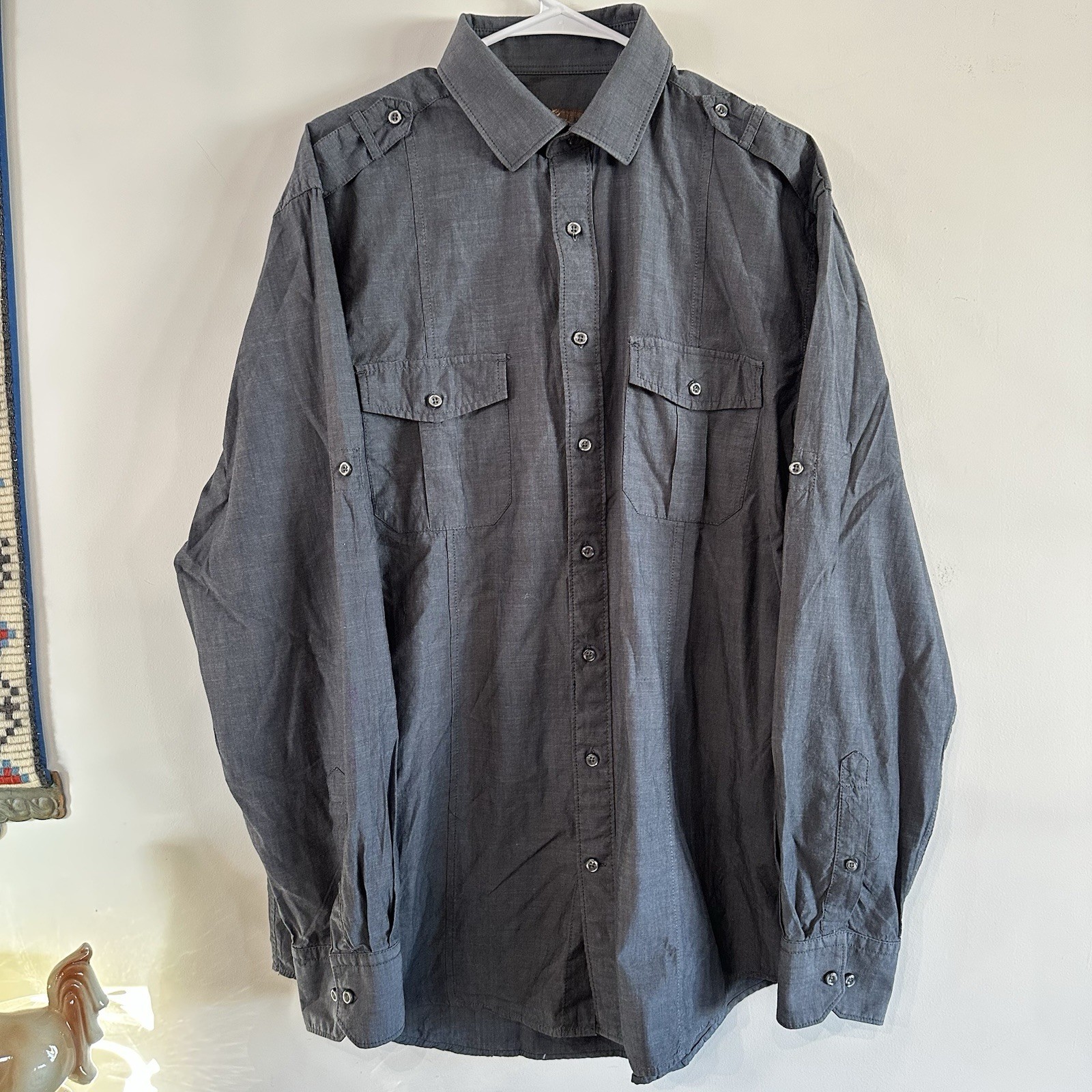 Men’s Blue Pronto Uomo Long Sleeve Blue Chambray Dress Shirt XLT Tall Cotton