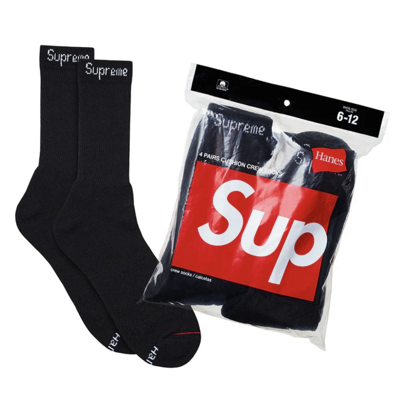 Supreme Hanes BLACK Crew Socks ONE (1) PAIR -Size 6-12 – NEW