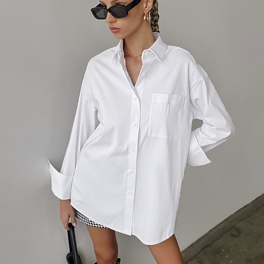 Women Simple Oversize Boyfriend Style White Shirt Blouse Fashion Casual OL Tops