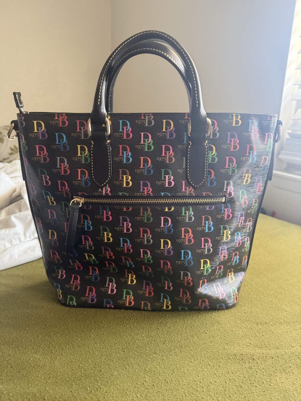 Dooney & Bourke Black Multicolor Logo Zip Satchel Top Handle Detachable Strap