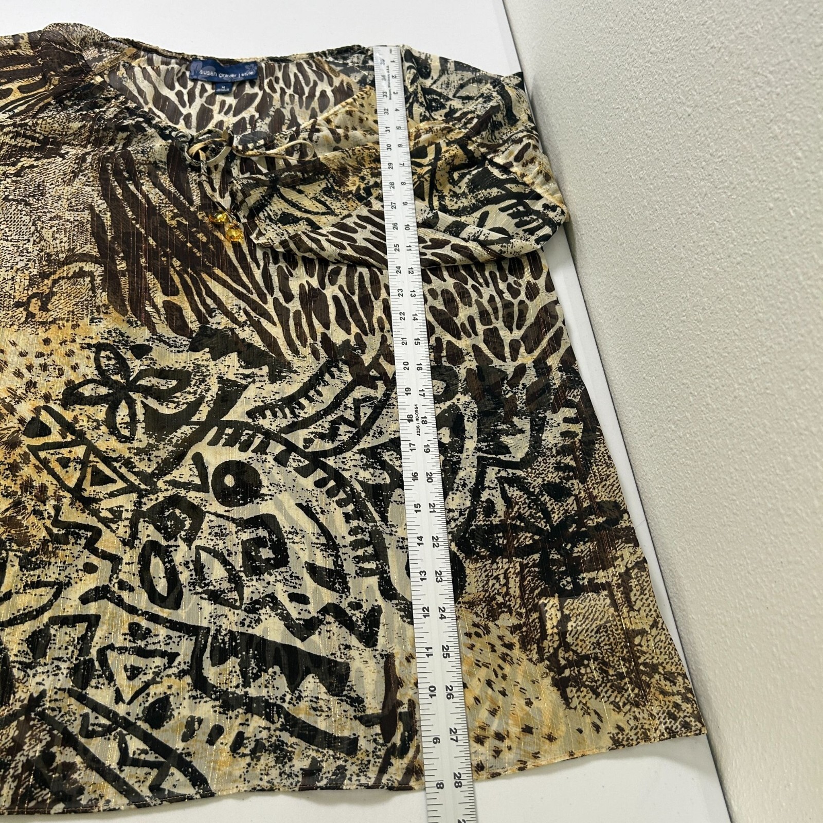Susan Graver Tunic Top Womens Size M Brown Tan Chiffon Animal Print Metallic