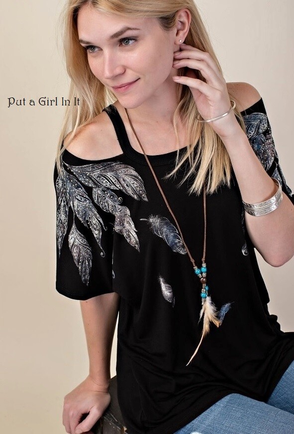 New VOCAL Womens CRYSTAL BLACK FEATHER COLD SHOULDER TOP SHIRT S M L XL 1X 2X 3X