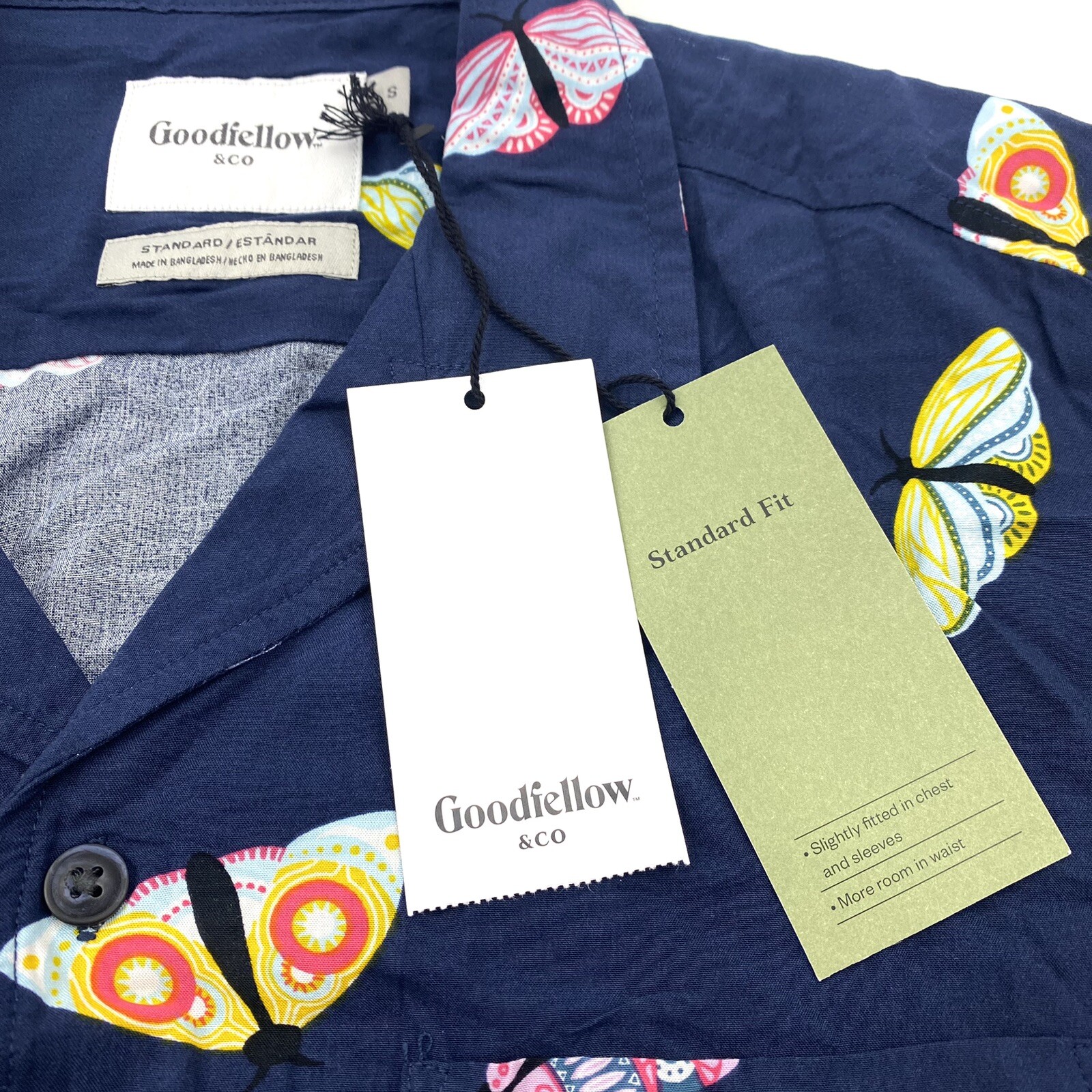Goodfellow & Co. Mens Size S Short Sleeve Button Up Shirt Navy Butterfly