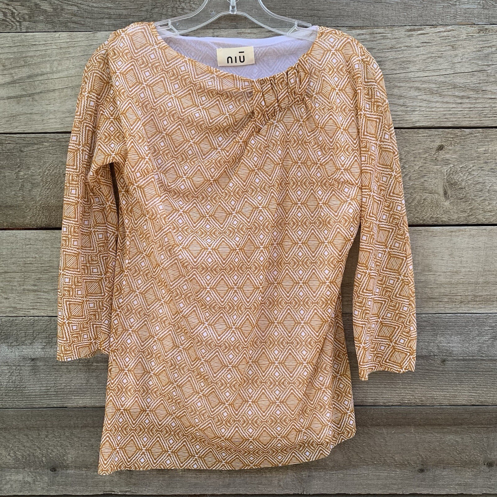 Niu Top Womens L Y2K Mesh Tribal Print Semi Sheer Asymmetrical Ruched Neck Tan
