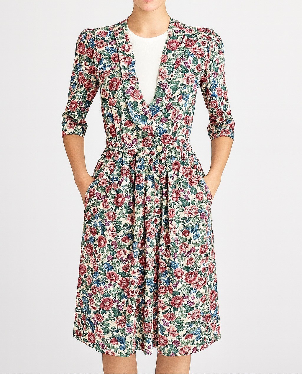 Vintage RJ Stevens Floral Midi Dress Bib Pockets 80s 90s Cottagecore Small