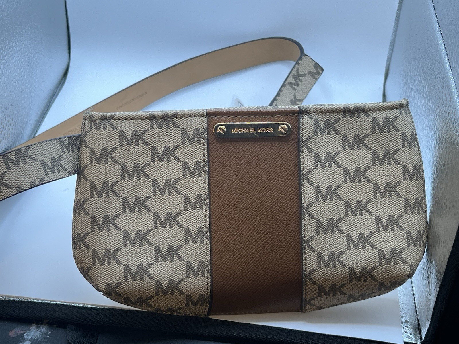 Michael Kors Logo Belt Bag Beige Brown Zip Closure Inner Pockets Designer