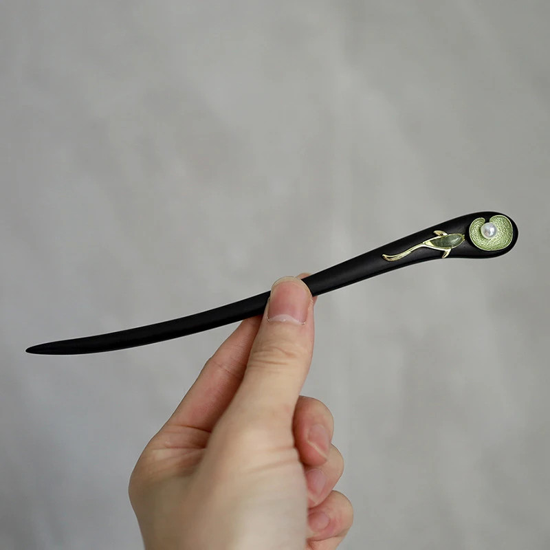 1pc Chinese Style Hair Stick: Black Wood with Gold, Green & Pearl Accents, Intri
