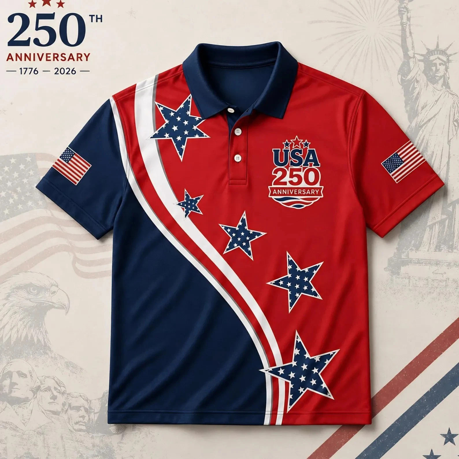 America 250th Anniversary Golf Polo Shirt, Patriotic USA Flag Golf Shirt