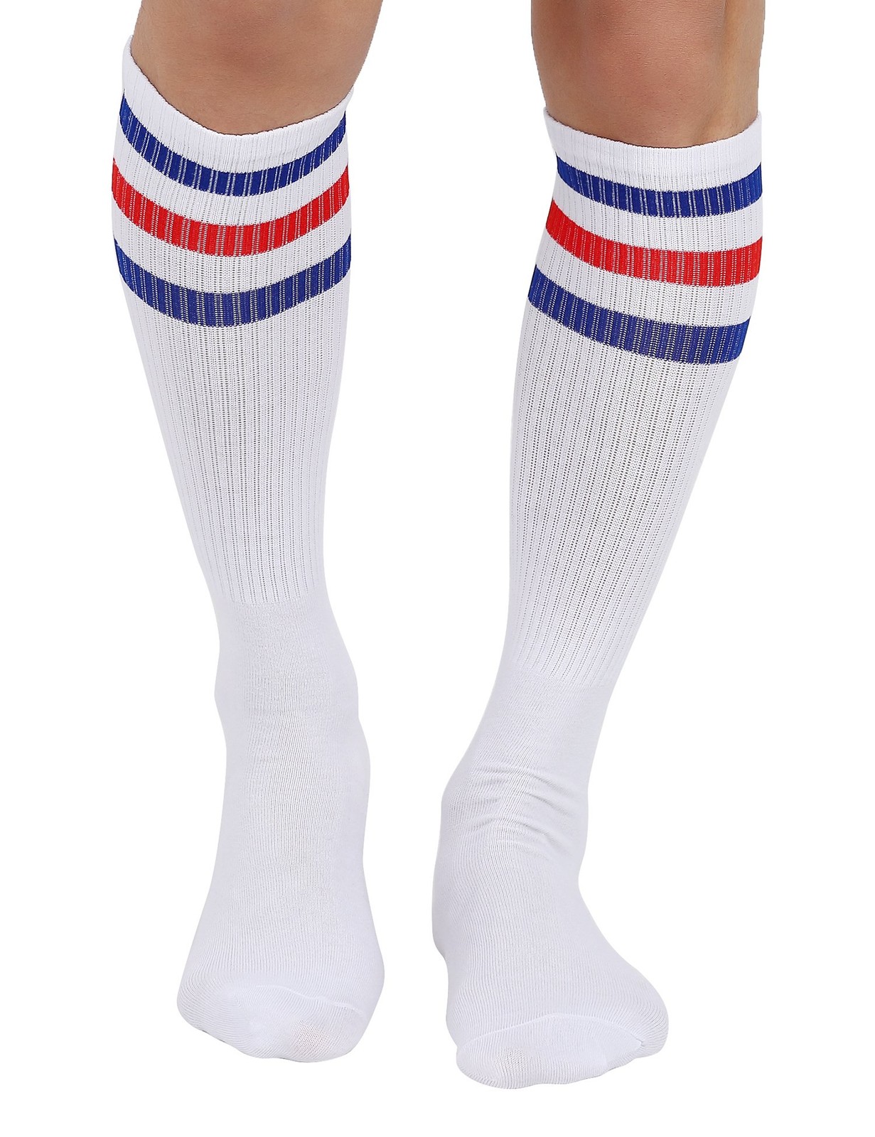 Joulli Men’s White Knee High Retro Striped Tube Over the Calf Socks 1 Pair