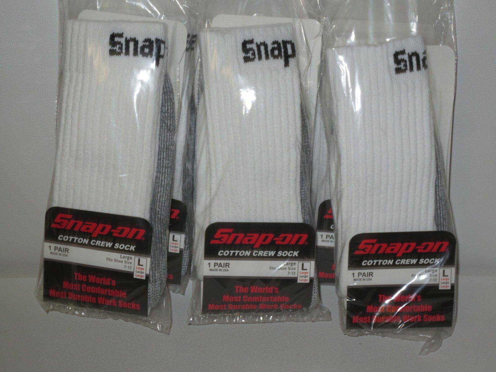 12 Snap-On Crew Socks Men’s WHITE LARGE ~ FREE SHIP ~ MADE IN USA 12 PAIRS *NEW*