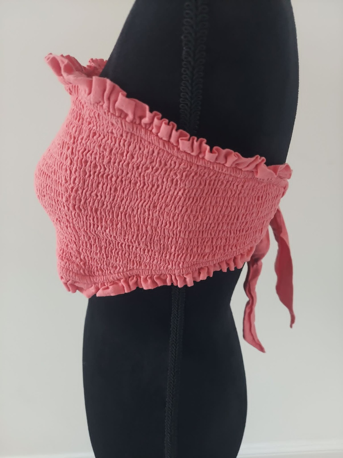 American Eagle Pink Coral Smocked Ruffle Bandeau Tube Top with Back Tie | Size L