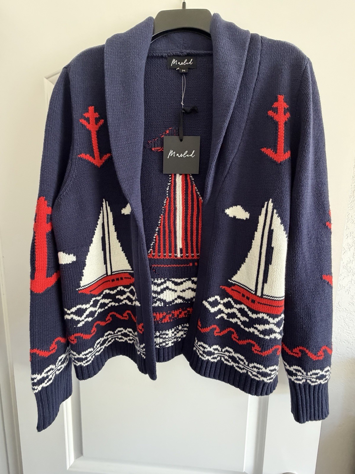Marled Nautical Navy Knit Cardigan Sweater Shawl Collar Long Sleeve Size M