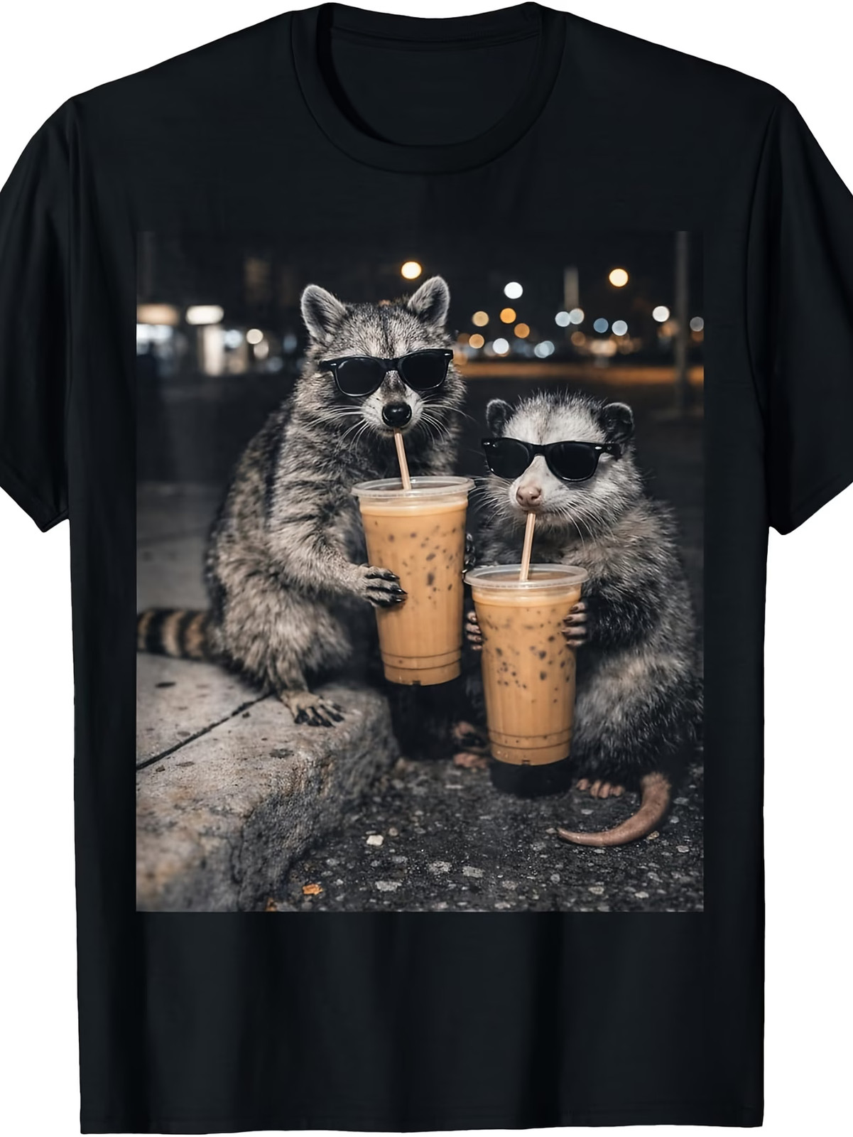 Retro Raccoon & Opossum Drinking Iced Coffee T-Shirt – Funny Cute Animal Graphic