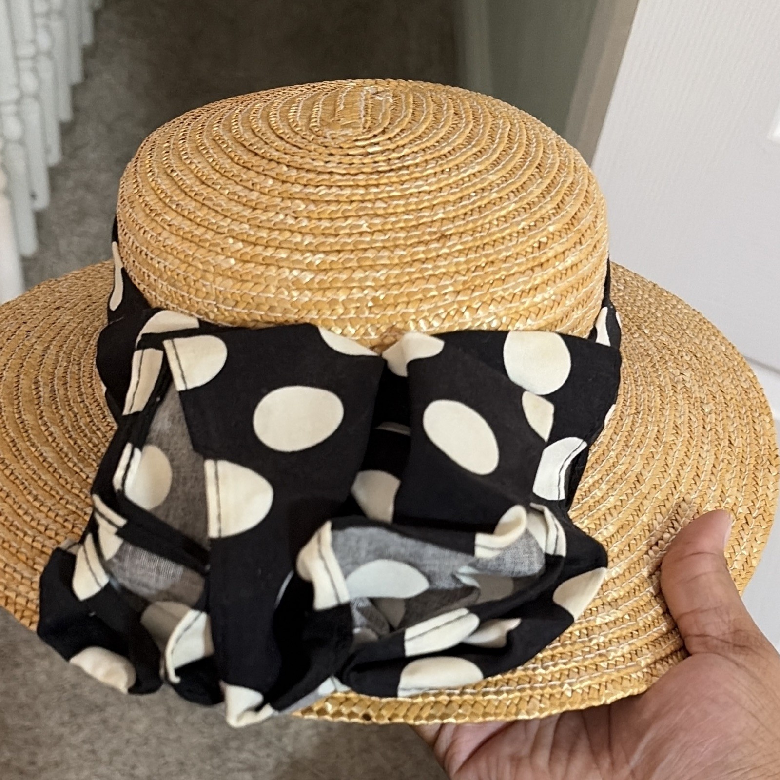 Women’s Wide Brim Straw Sun Hat Tan w/ Black & White Polka Dot Bow, One Size