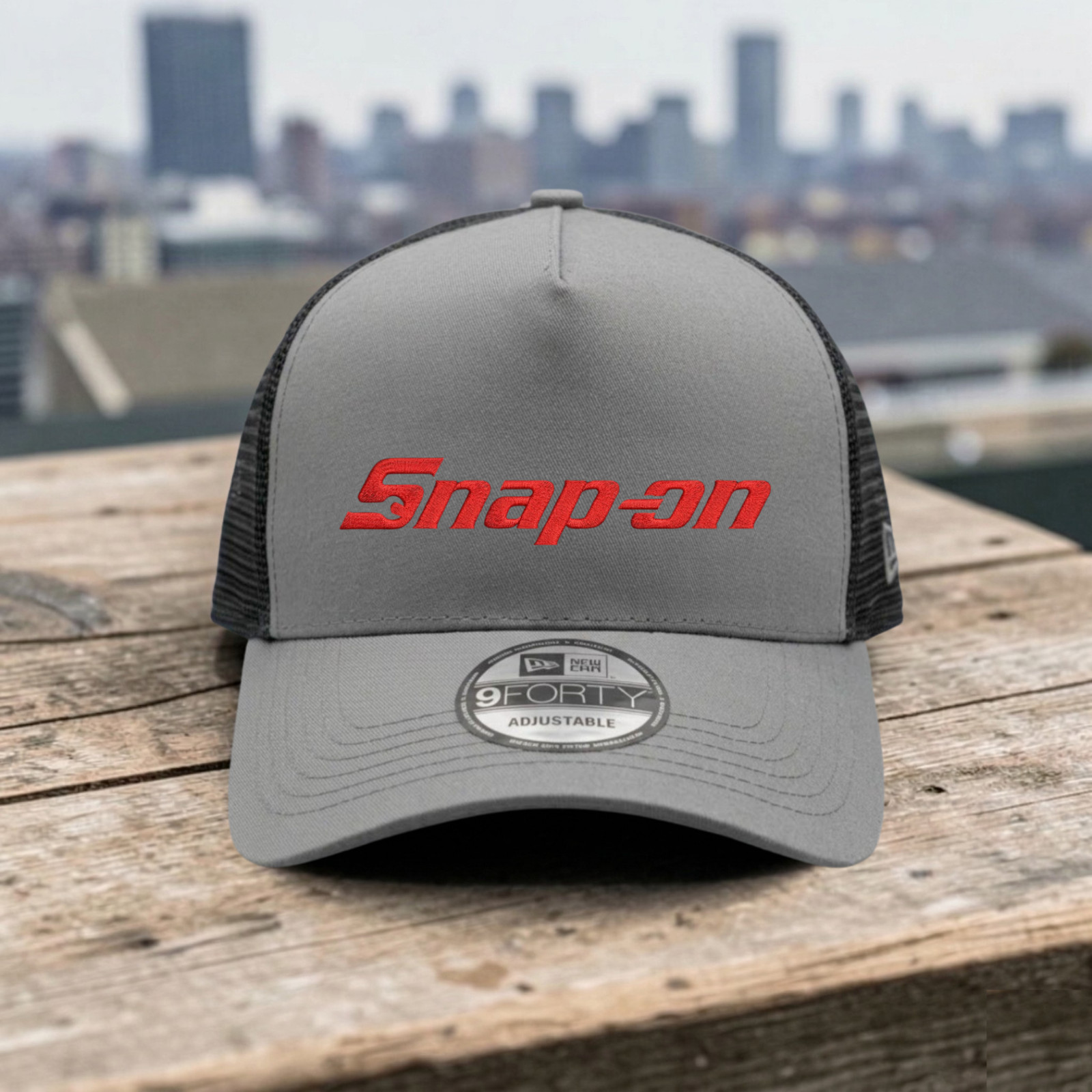 Snap-on Embroidered Logo Trucker Hat Gray Black Mesh Adjustable Cap