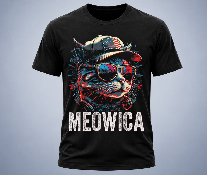 Funny Meowica Cat T-Shirt 4th of July Patriotic USA Flag Light Gray Cotton Tee