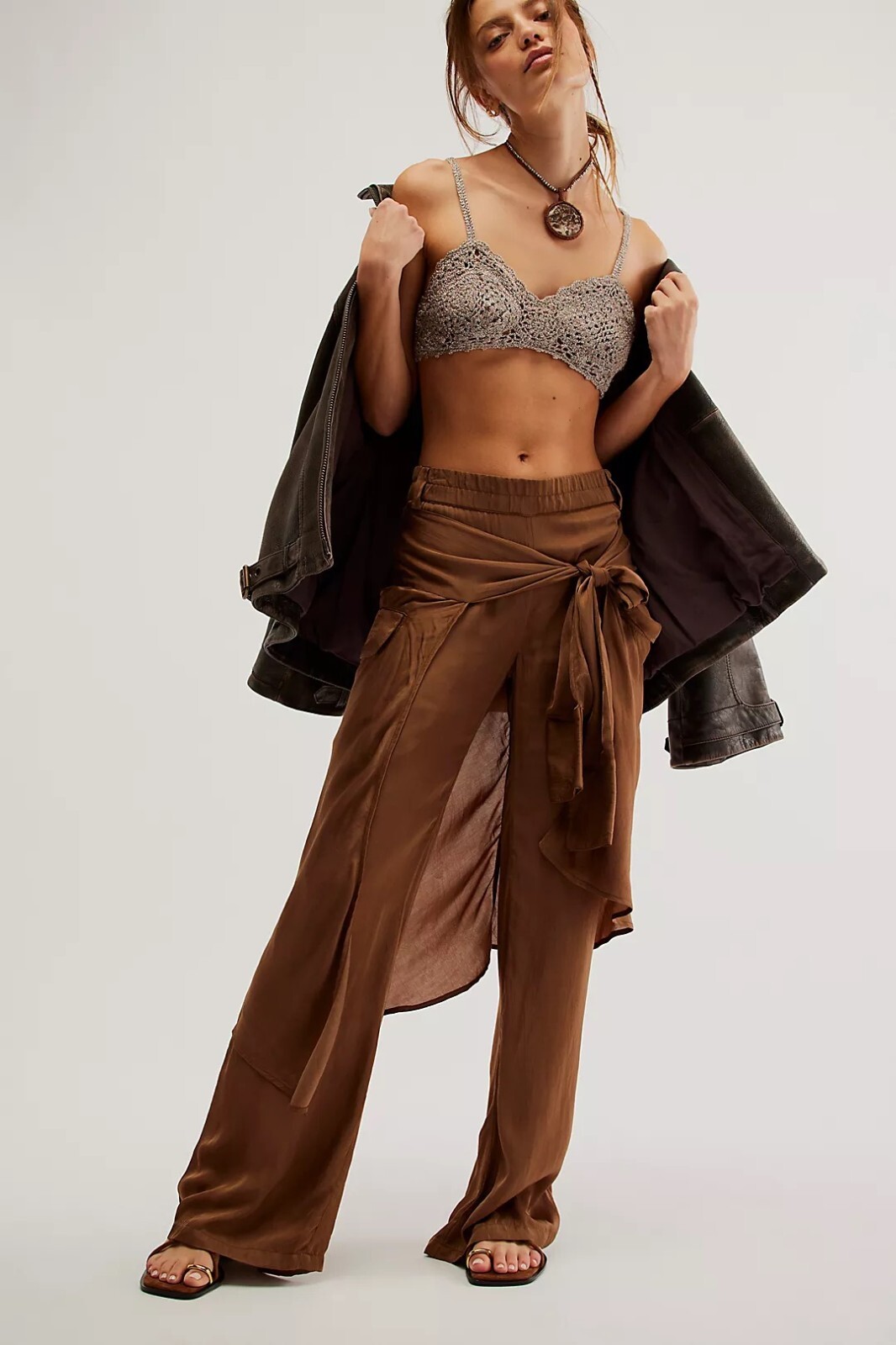 NWT $415 SoHo Designer Nicholas K Free People Mocha Satin Micah Pants Large L