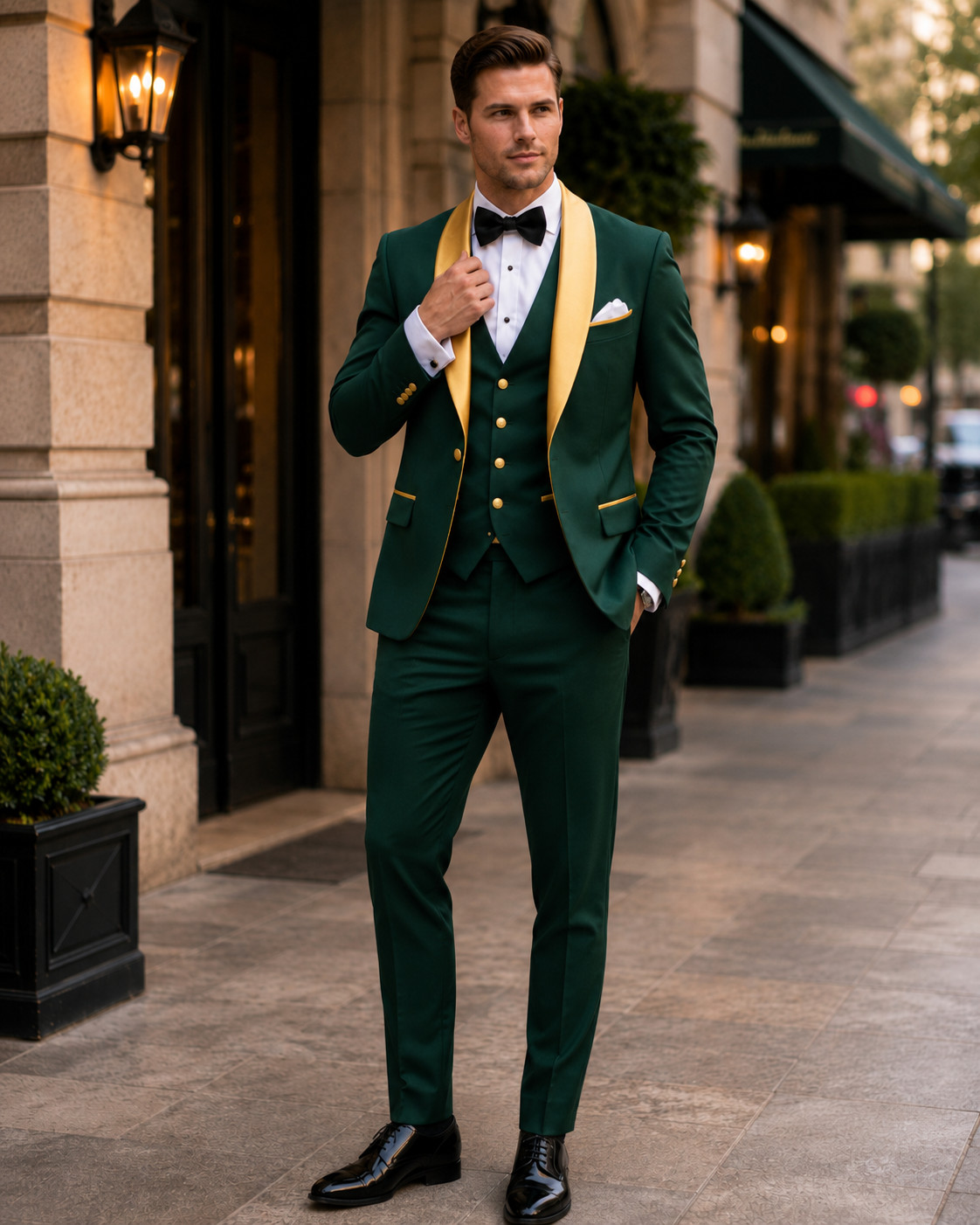 Men Emerald Green Gold 3 Piece Tuxedo Suit Wedding Groom Prom Formal Party Wear