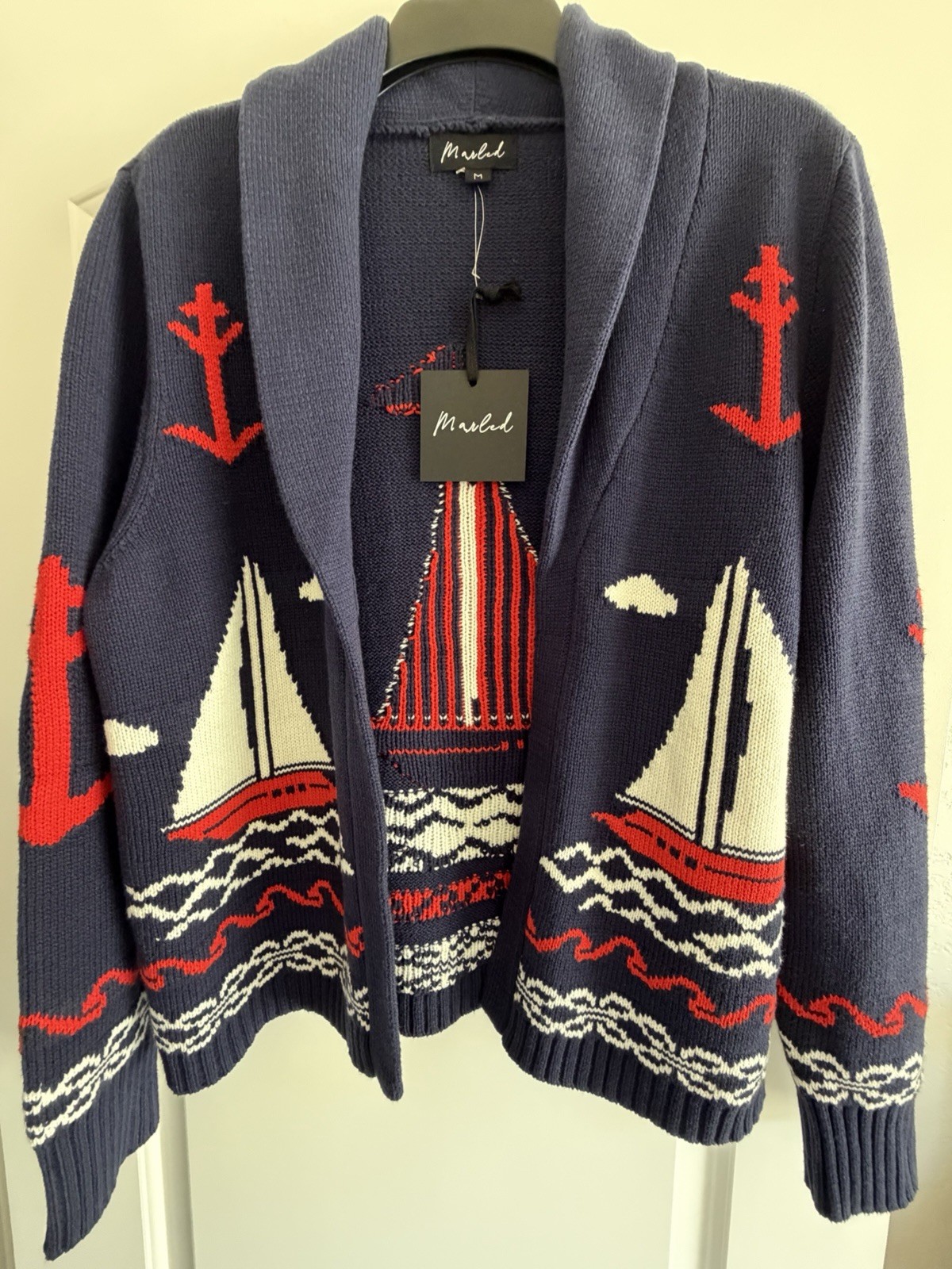 Marled Nautical Navy Knit Cardigan Sweater Shawl Collar Long Sleeve Size M