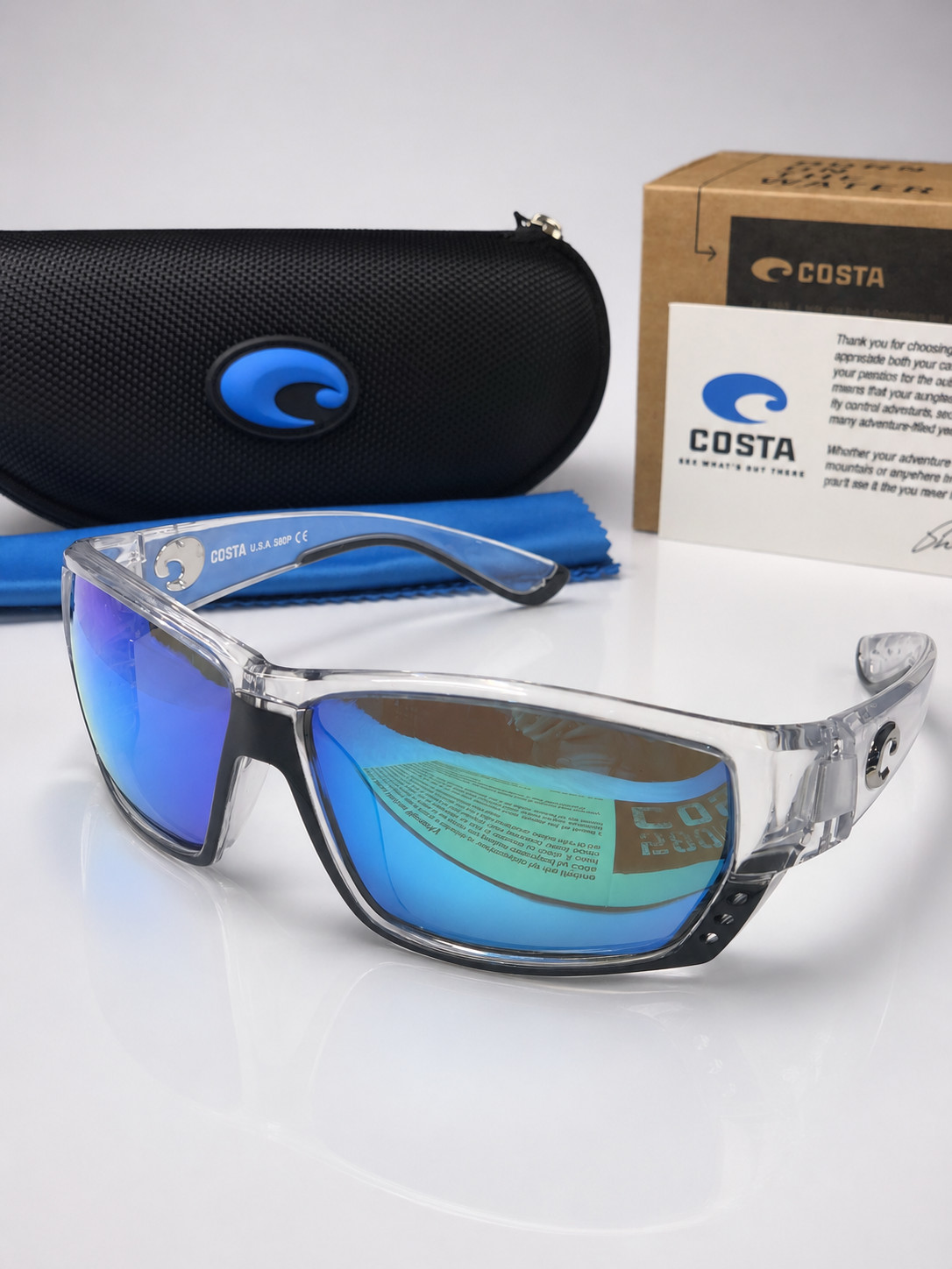 New In Box Costa Del Mar Crystal Blue Mirror 580P Polarized Sunglasses UV