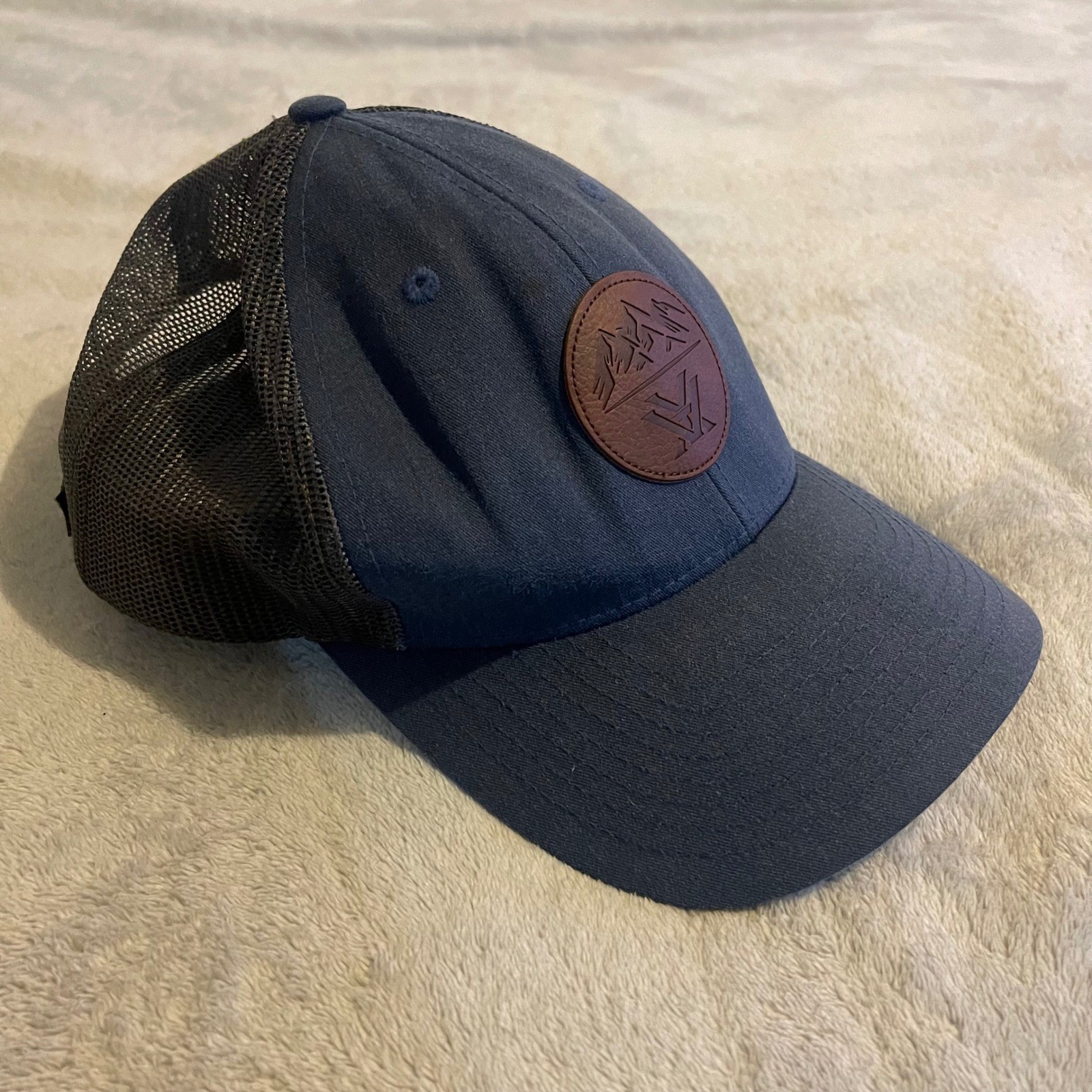 Vortex Outdoor Mesh Trucker Hat Blue Brown Mountains Leather Patch Cap Men