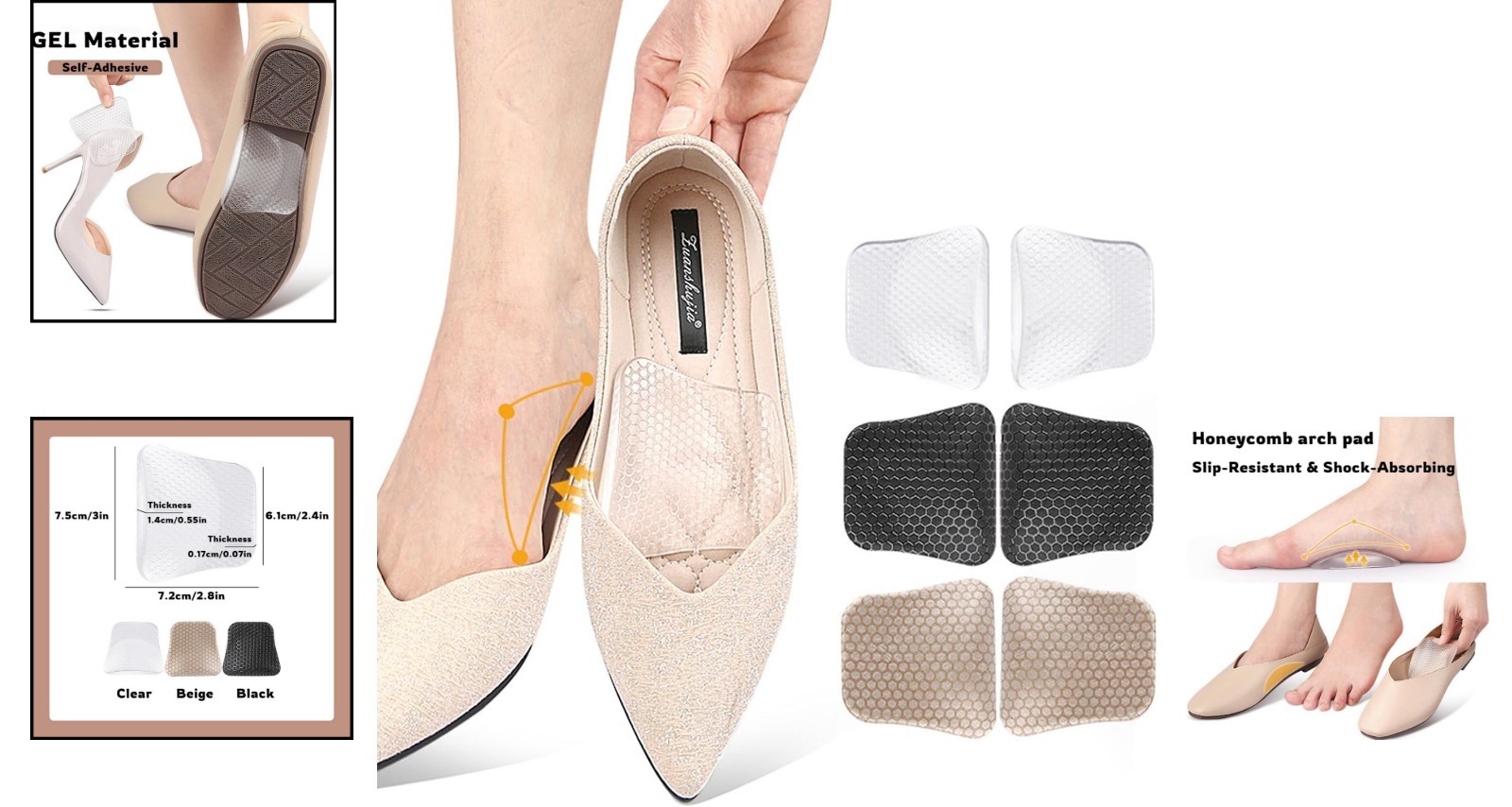 Comfortable Arch Support Inserts for Sandals & Sneakers – 3 Multicolor Pairs