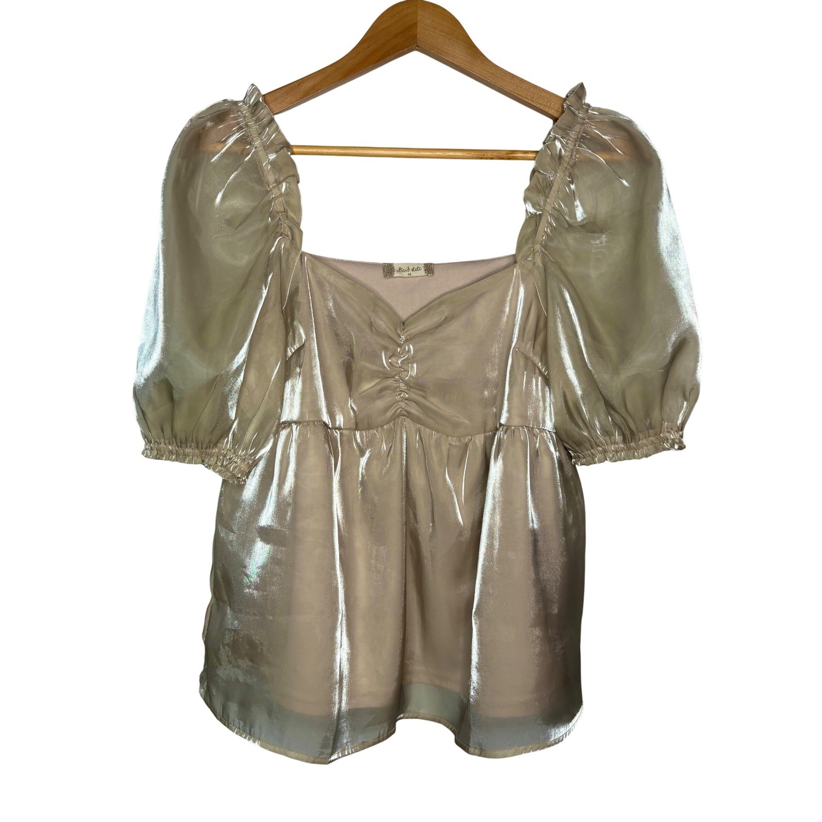 Altar’d State Metallic Puff Sleeve Square Neck Babydoll Top Women Size Medium