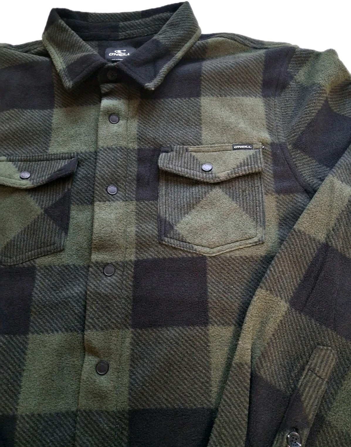 O’Neill Men’s Large Olive Green Plaid Fleece Flannel Long Sleeve Button Shirt