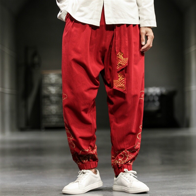 Men Chinese Kung Fu Pants Tai Chi Trousers Wushu Lace Up Martial Arts Sports Red