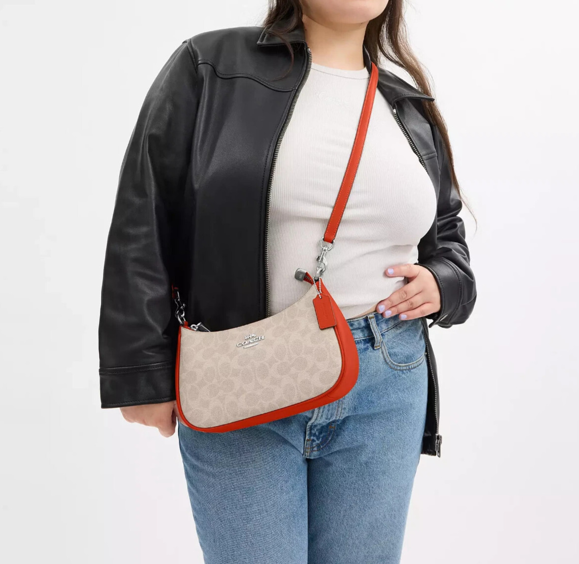 Coach Teri Sand/Deep Orange Signature Canvas & Leather Shoulder Bag (CV933) -NWT