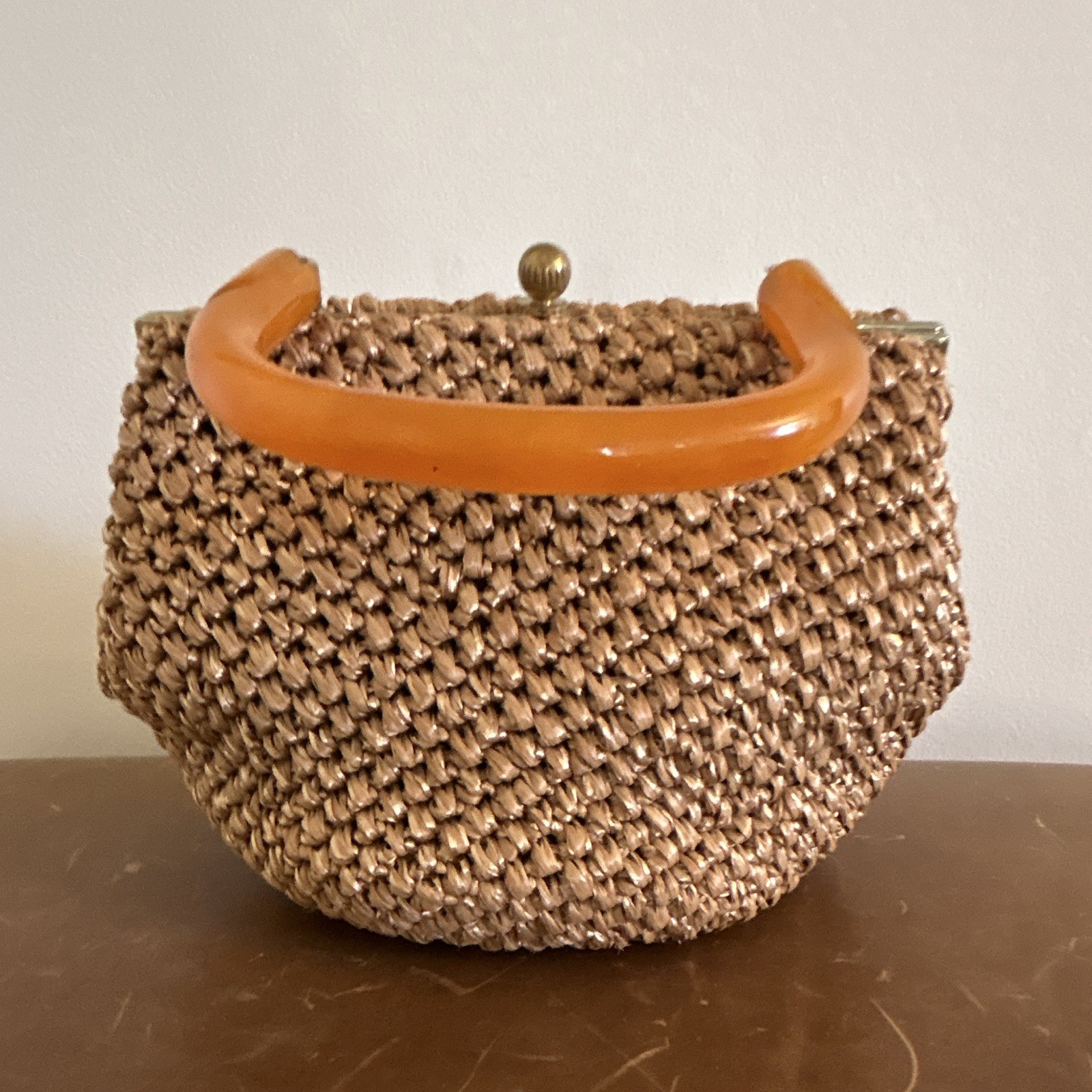 MM Crochet straw bag/purse beige with gold trim rose lining vintage