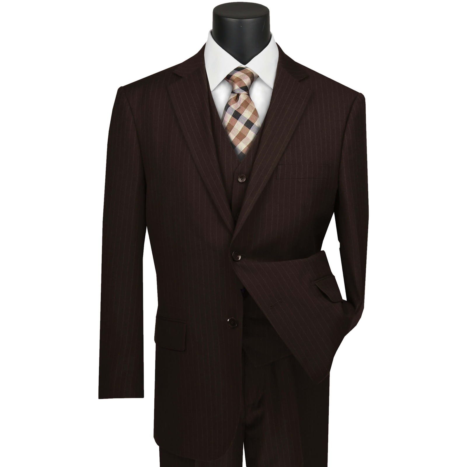 VINCI Men’s Brown Pinstripe 3 Piece 2 Button Classic Fit Suit – NEW