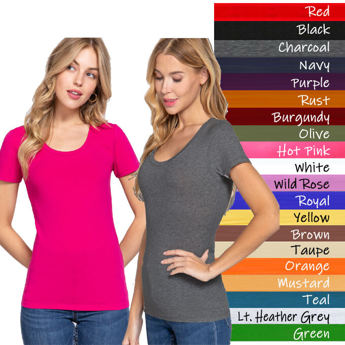 (ACTIVE BASIC) Sexy Scoop Neck Short Sleeve T Shirt Stretch Cotton Tee (S-2X)