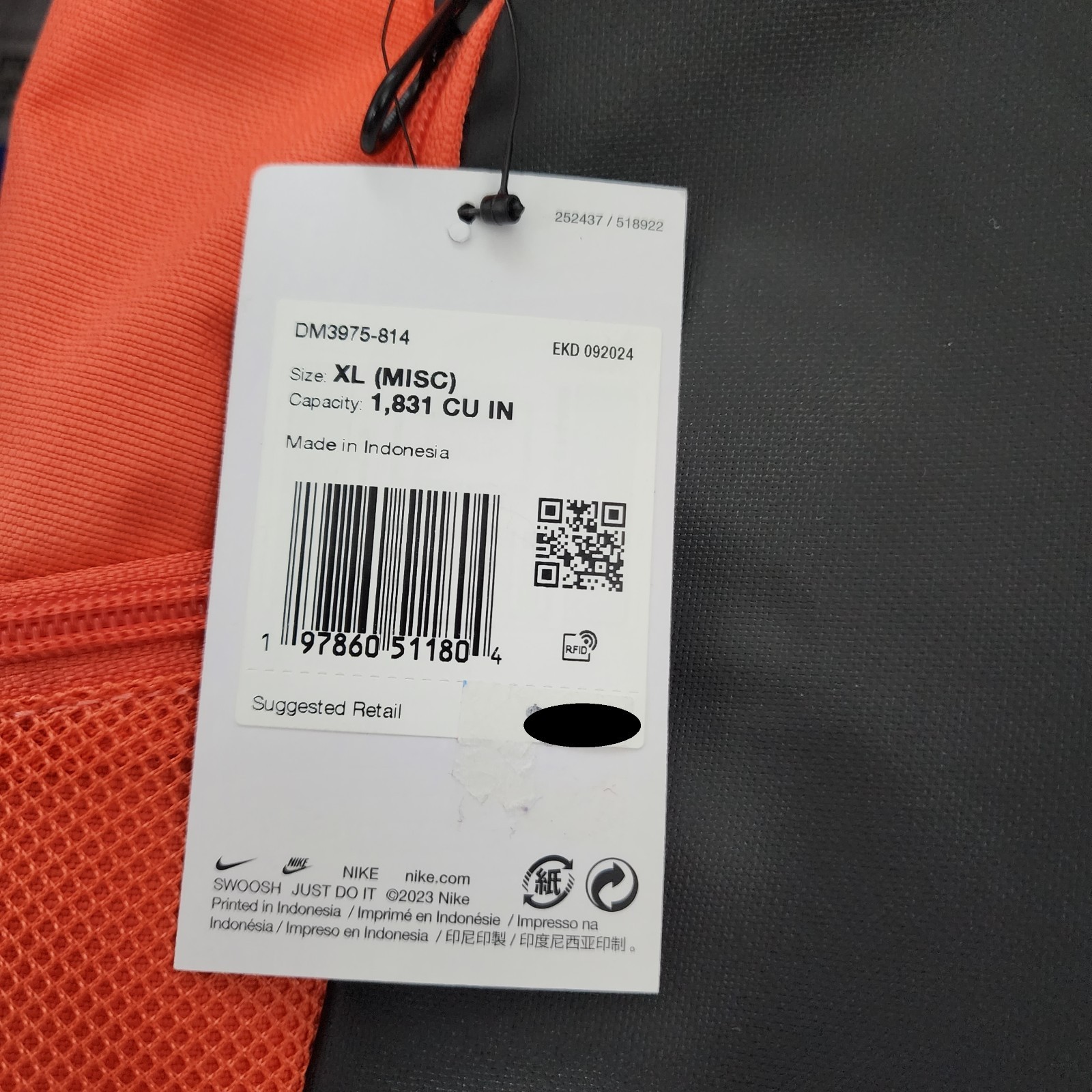 Nike Brasilia Training Backpack Black Orange XL 30L School Travel Bag DM3975-814