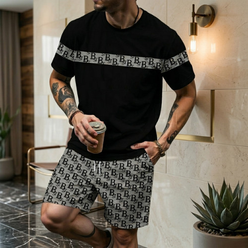 Men 2-Piece Set Summer Outfit Short Sleeve Sweatshirt T Shirts and Shorts Suits