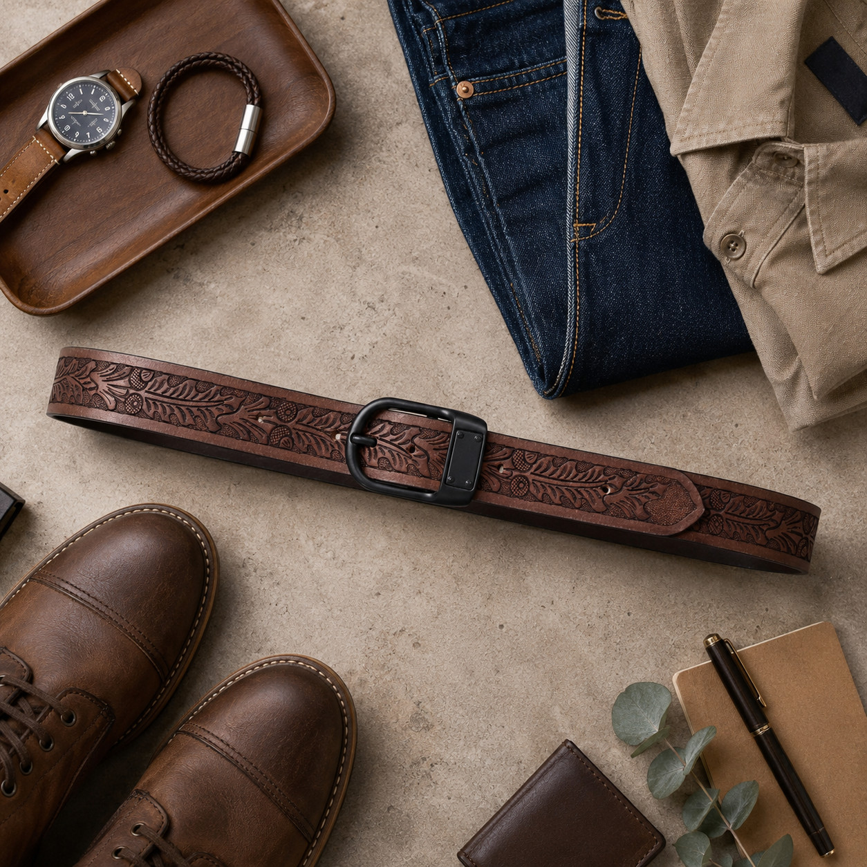 Men’s Brown Tooled Leather Belt Black Buckle Western Cowboy Embossed Belt