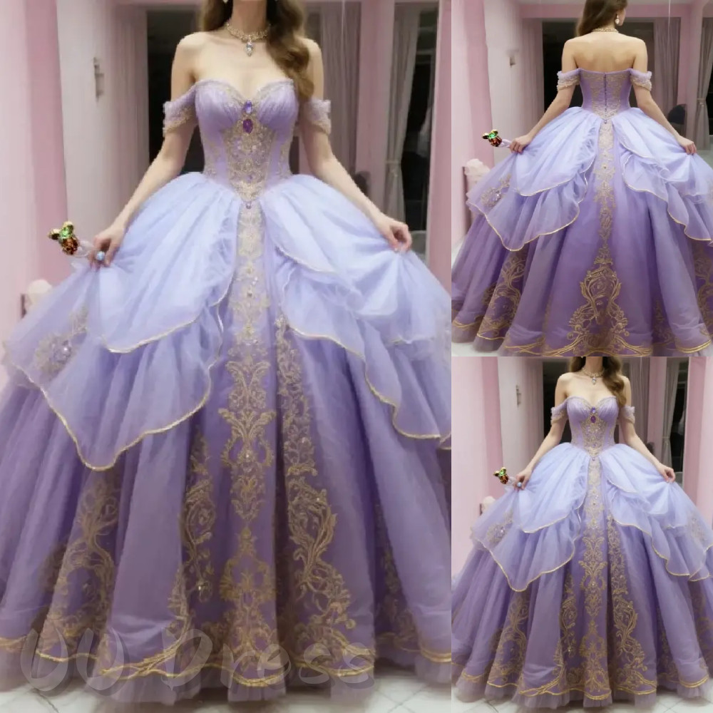 Lavender Gold Embroidery Tulle Quinceanera Ball Gown Sweet 16 Pageant Dress