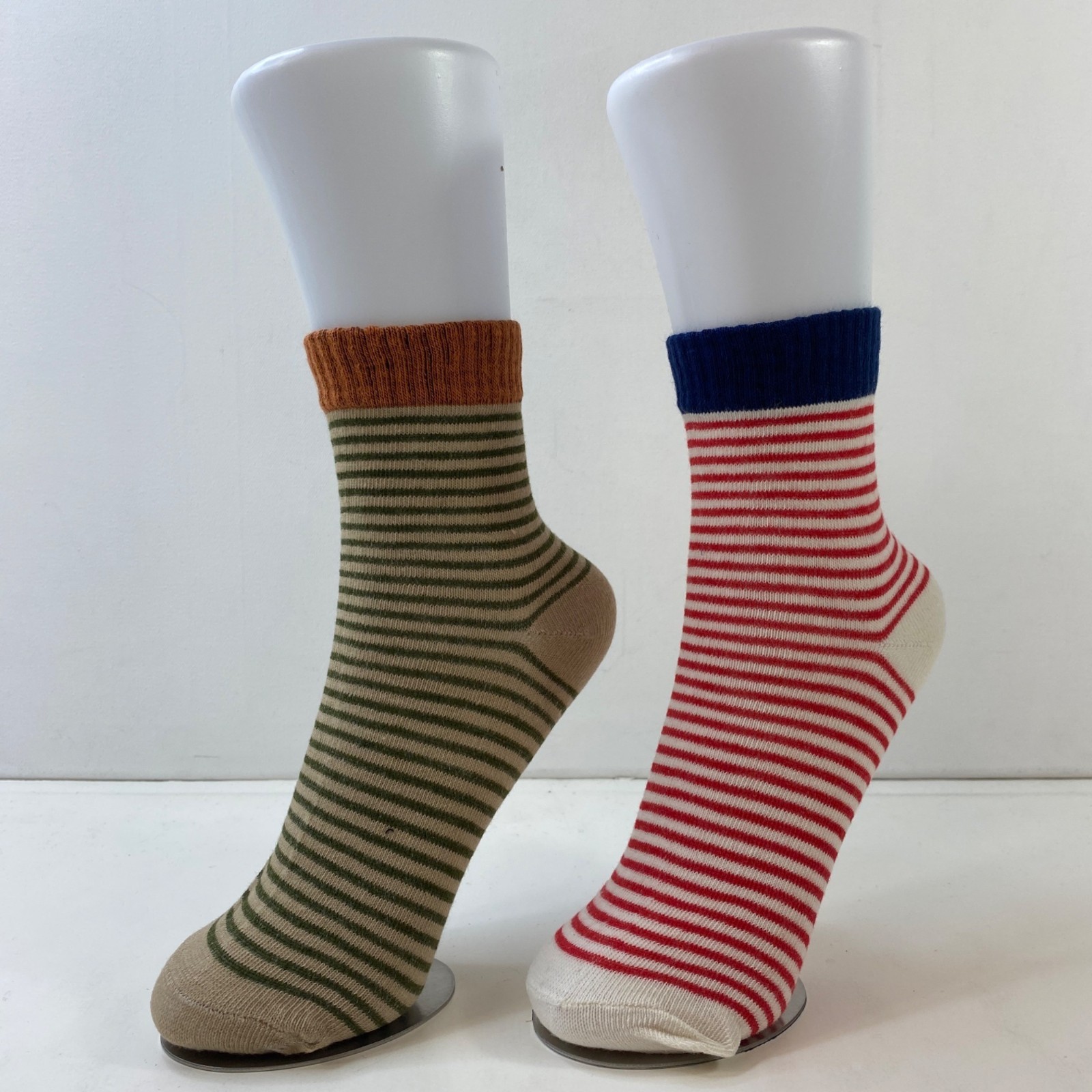 Womens Crew Socks Set 2 Stripes Green Red Brown Blue White