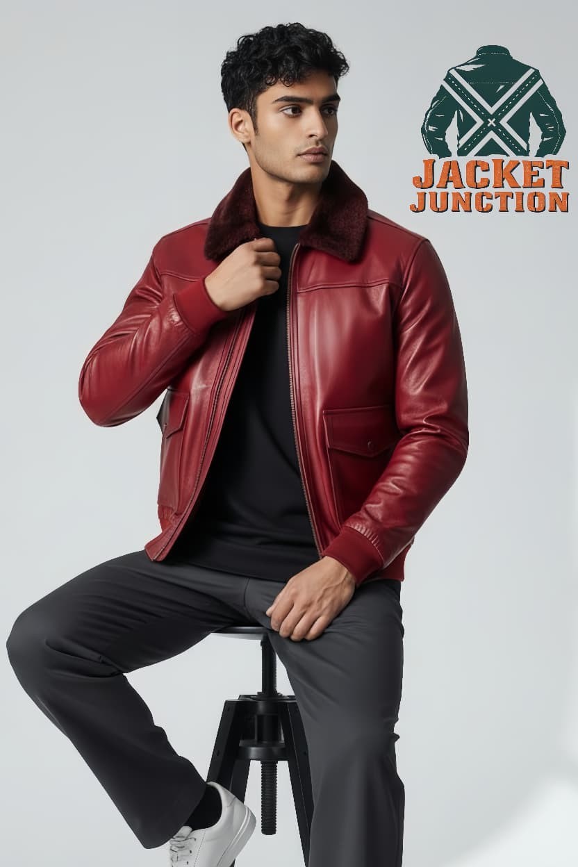 Men’s Lambskin Leather Bomber Jacket Faux Fur Collar Aviator Pilot Coat