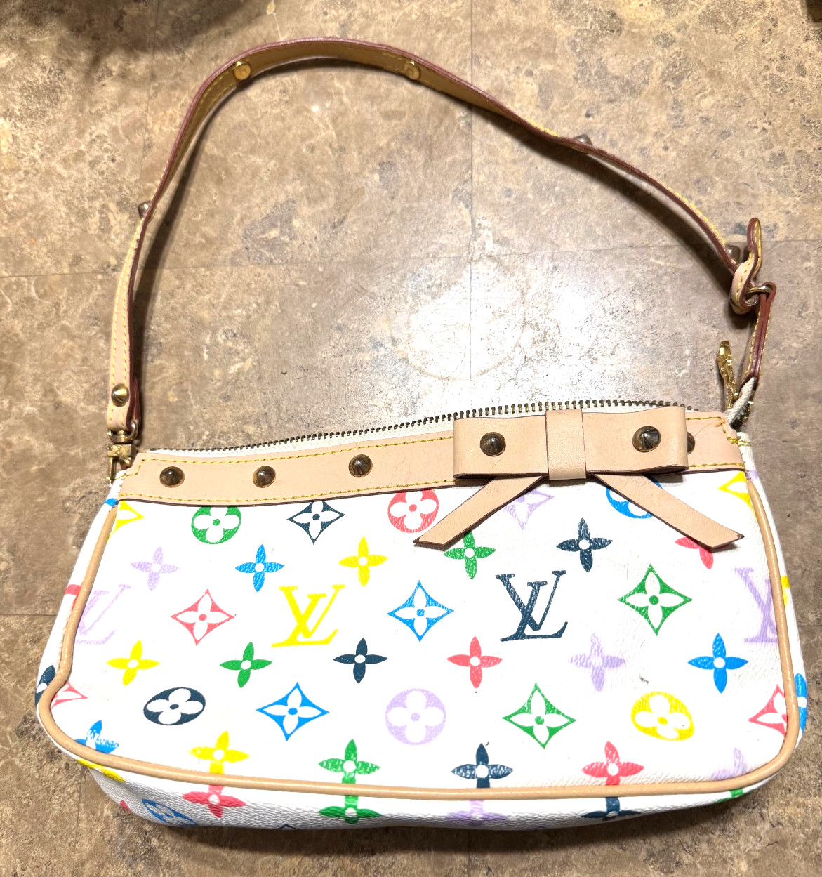 Y2K Multicolor Monogram Print Pochette Shoulder Bag Leather Bow Studded Trim