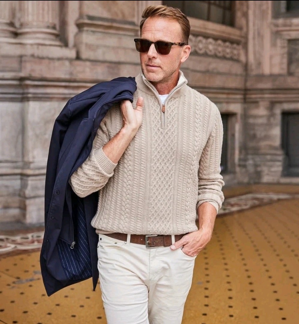 Collars & Co Napoli Cable Knit Quarter Zip Wool Cashmere Sweater Oatmeal Size M