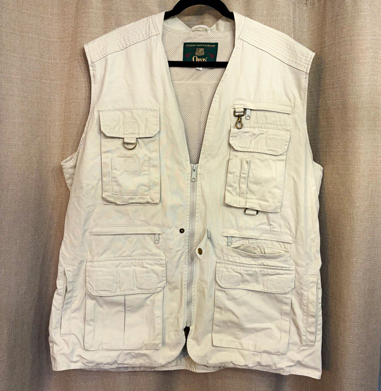 Orvis Men’s XL Beige Utility Fishing Vest Full Zip Pockets RN 70534