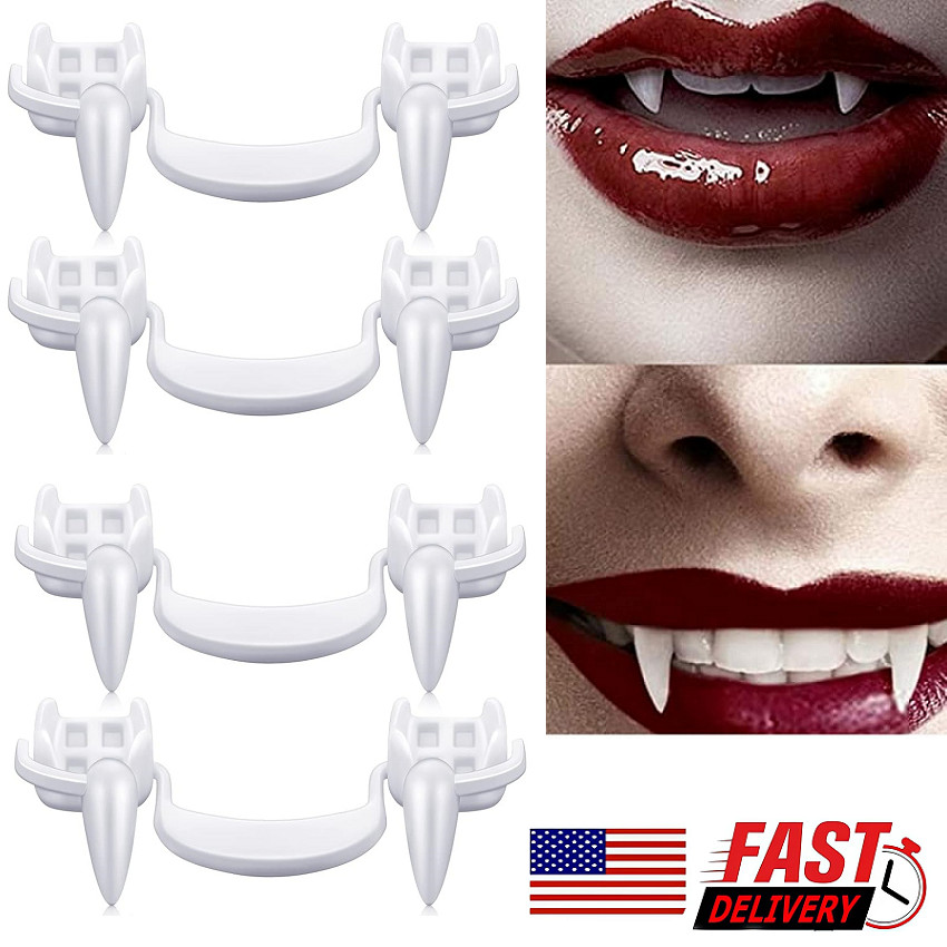 4×Retractable Vampire Teeth Fangs Halloween Cosplay Makeup Zombie Dentures Teeth
