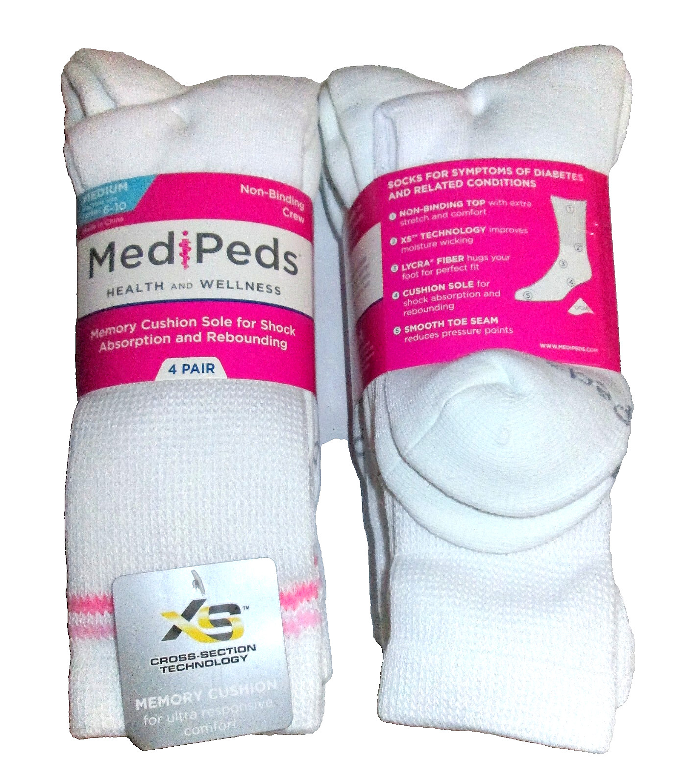 4 Pairs Medipeds Womens Non Binding Cushioned Smooth Toe Diabetic Crew Socks